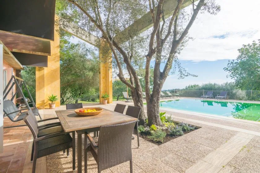Comedor al aire libre junto a una piscina, con mesa y asientos bajo los árboles.