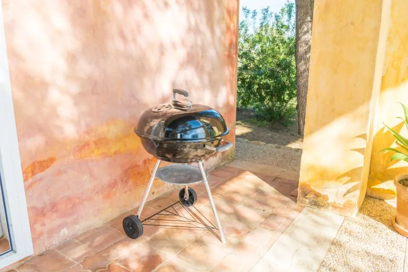 Un patio exterior con una parrilla junto a un pasaje soleado.