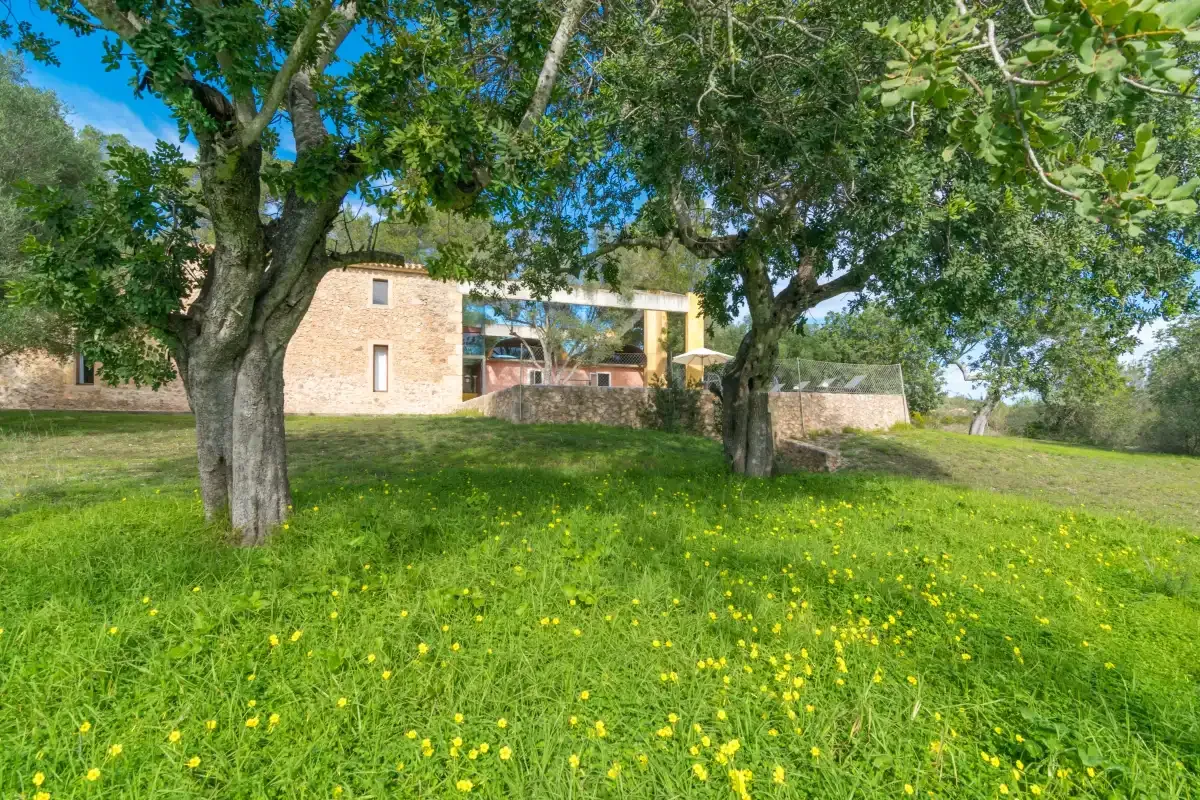 Una casa de piedra se alza tras un césped bajo árboles frondosos.