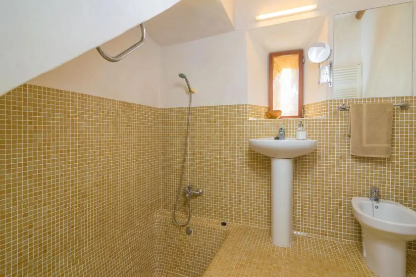 Un baño alicatado con lavabo de pedestal y ducha de pared.
