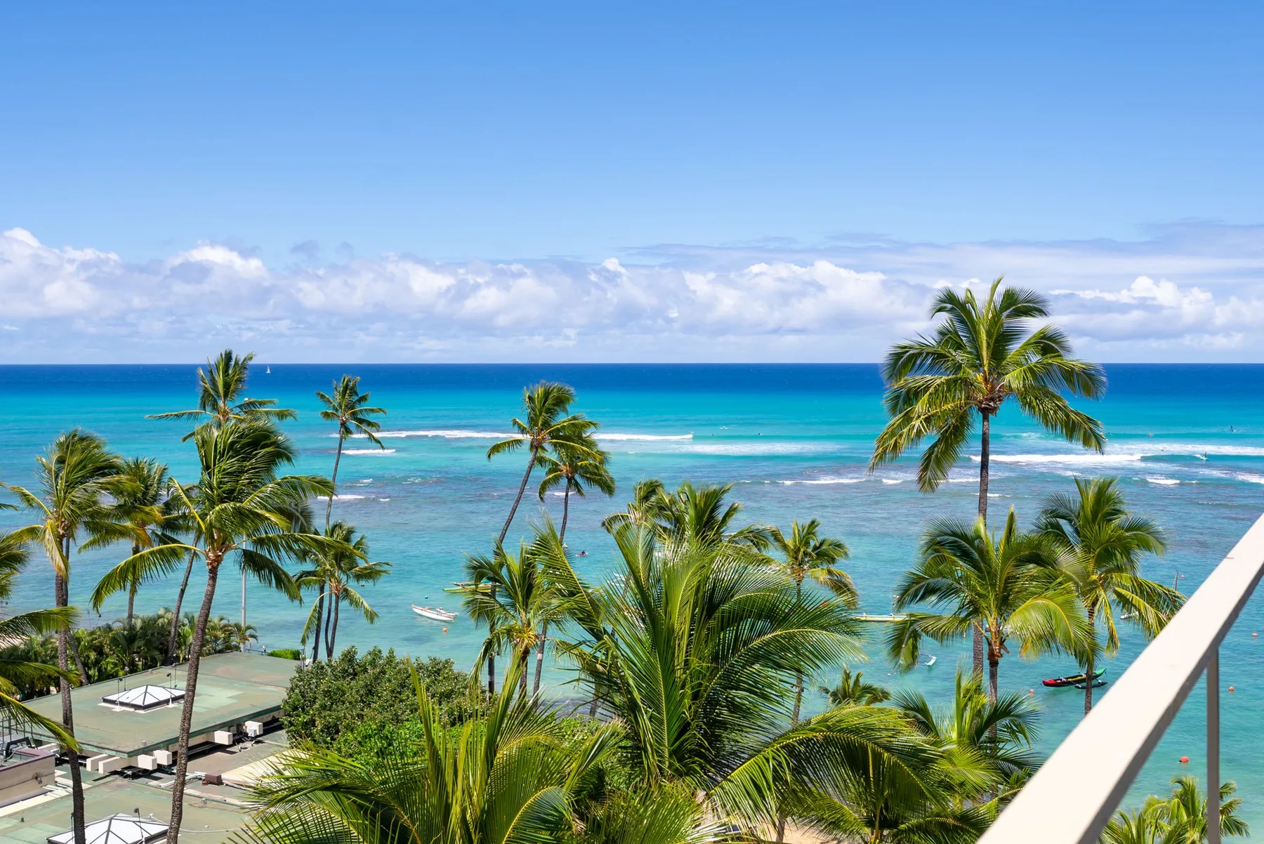 Una costa tropical con palmeras y aguas turquesas del océano.