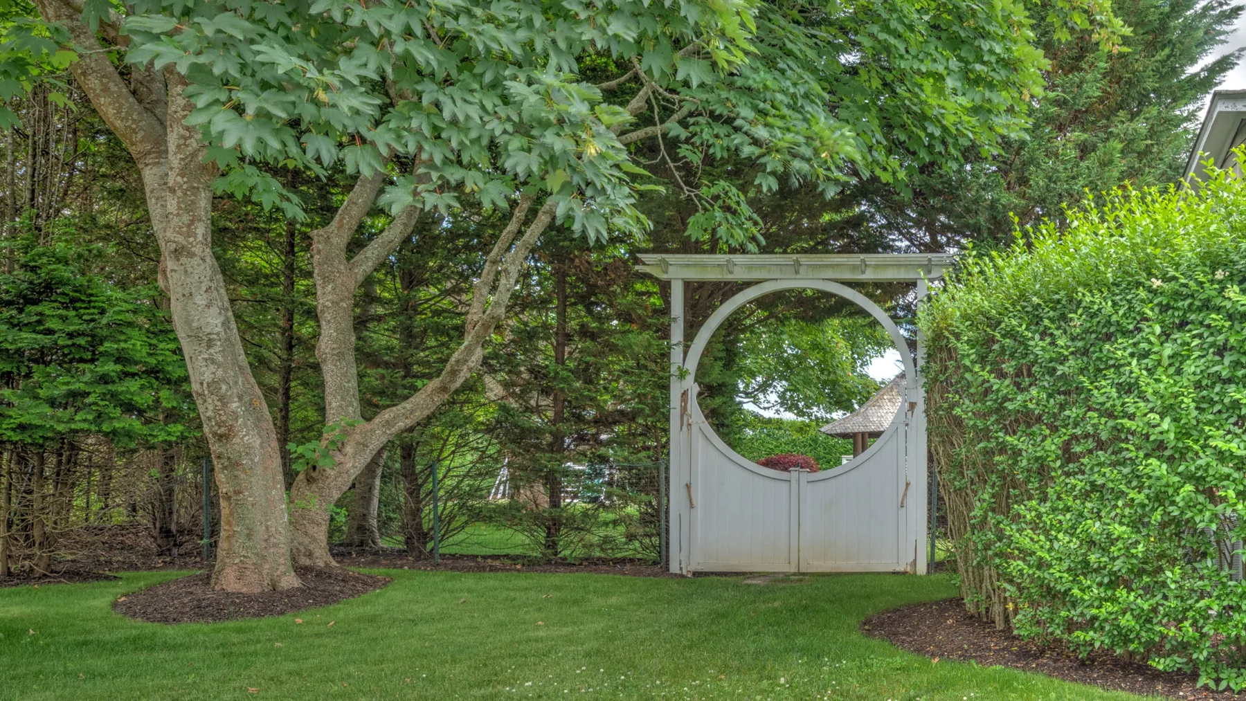 Un jardín frondoso con una puerta blanca arqueada que da a una zona arbolada.