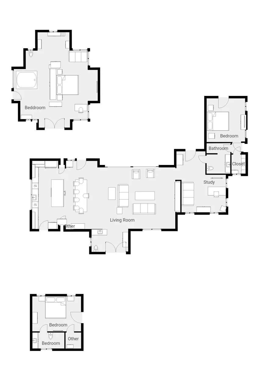 Un plano muestra una sala de estar, dormitorios, baños y un estudio.