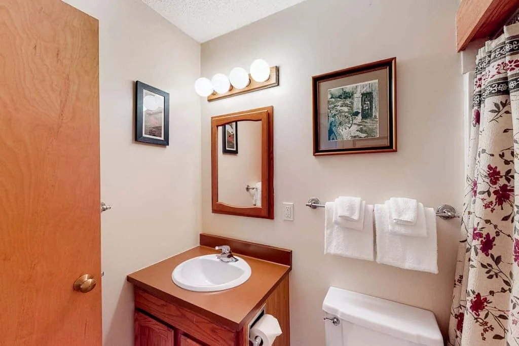 A bathroom vanity with a mirror, wall art, and a patterned shower curtain.