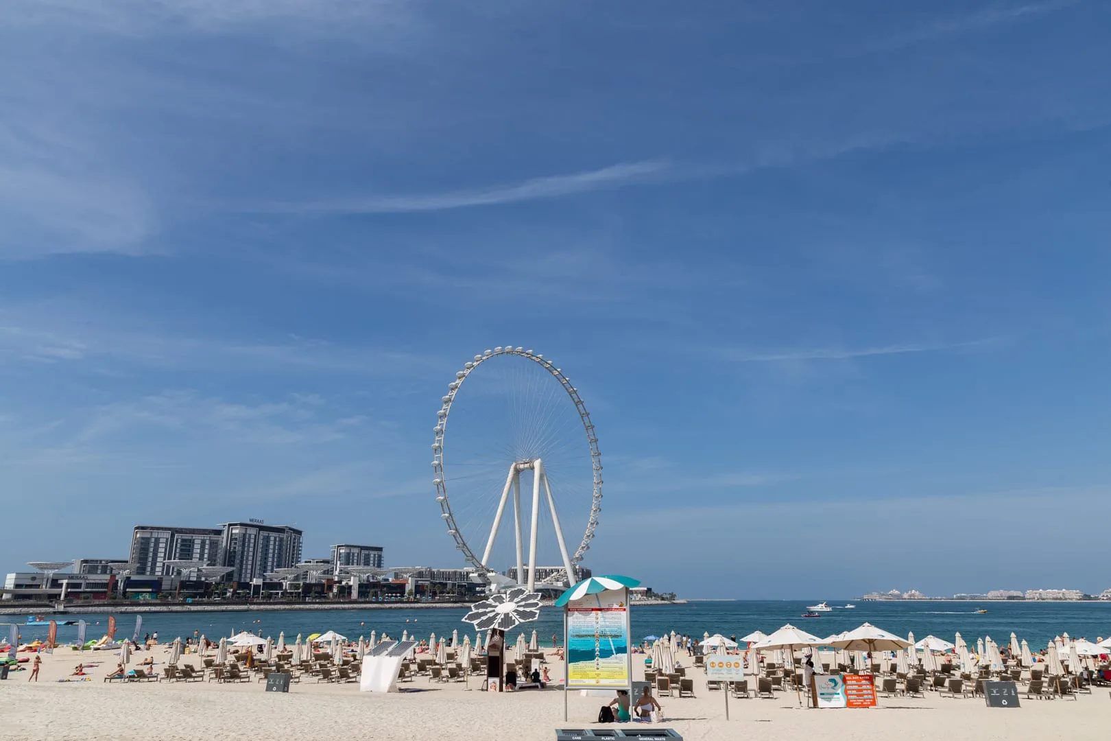 Una playa de arena con hileras de sombrillas y una gran noria junto al agua.