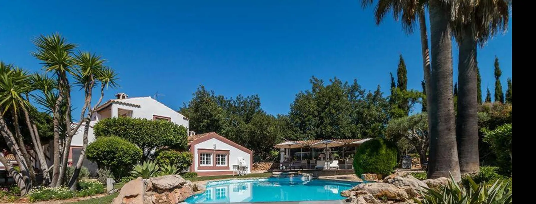 Una villa y una piscina están rodeadas de árboles y jardines.