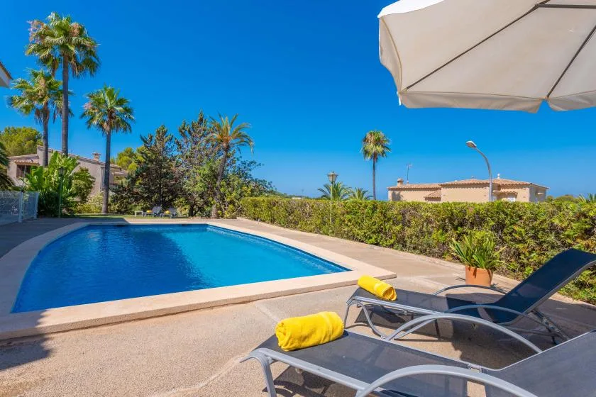 An outdoor swimming pool is surrounded by lounge seating and greenery.