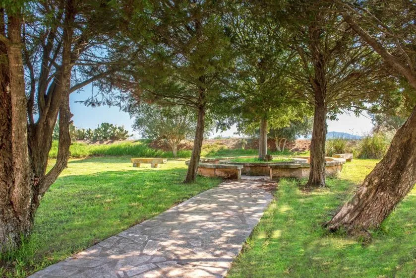 Un sendero sombreado del jardín conduce a una zona circular de piedra entre árboles.