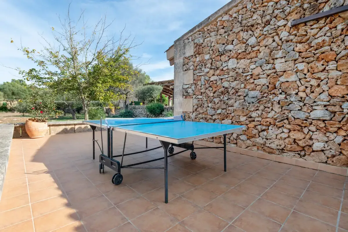 Un patio exterior con una mesa de ping-pong azul junto a un muro de piedra.