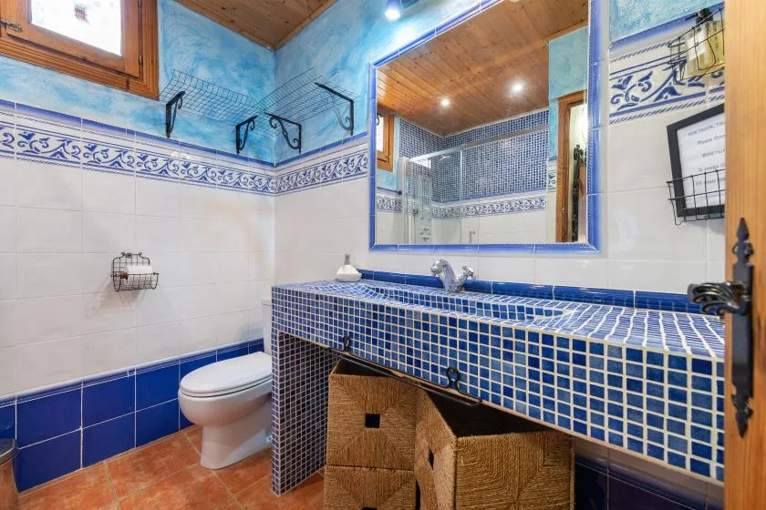 Un baño alicatado con inodoro, lavabo y un espejo grande en la pared.