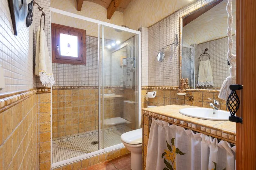 Un baño alicatado con ducha de vidrio, lavabo e inodoro.