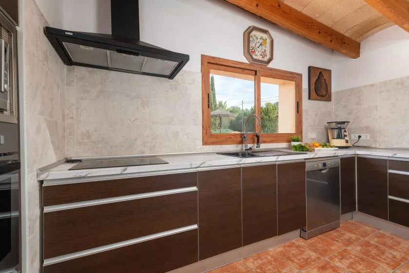 Una cocina con gabinetes oscuros, una encimera y una ventana sobre el fregadero.