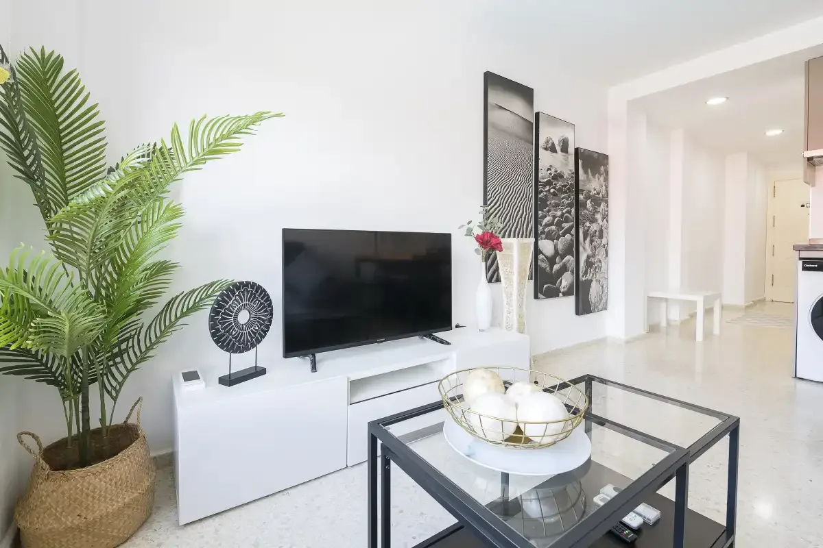 A bright living room with a television, seating area, and decorative plants.