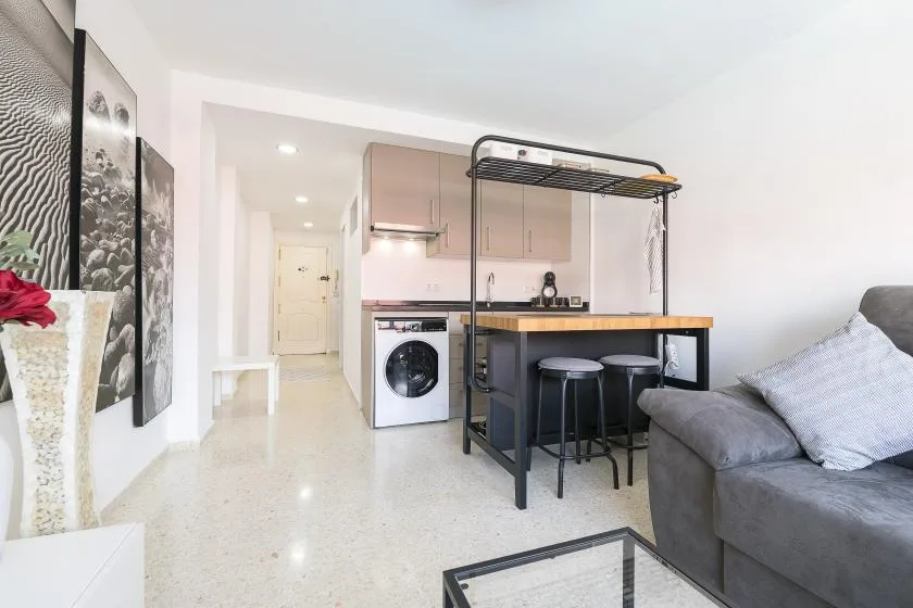 An open-plan living area with a compact kitchen, counter seating, and a gray sofa.