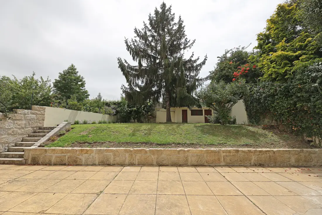 A garden with a paved terrace, lawn, trees, and stone steps.