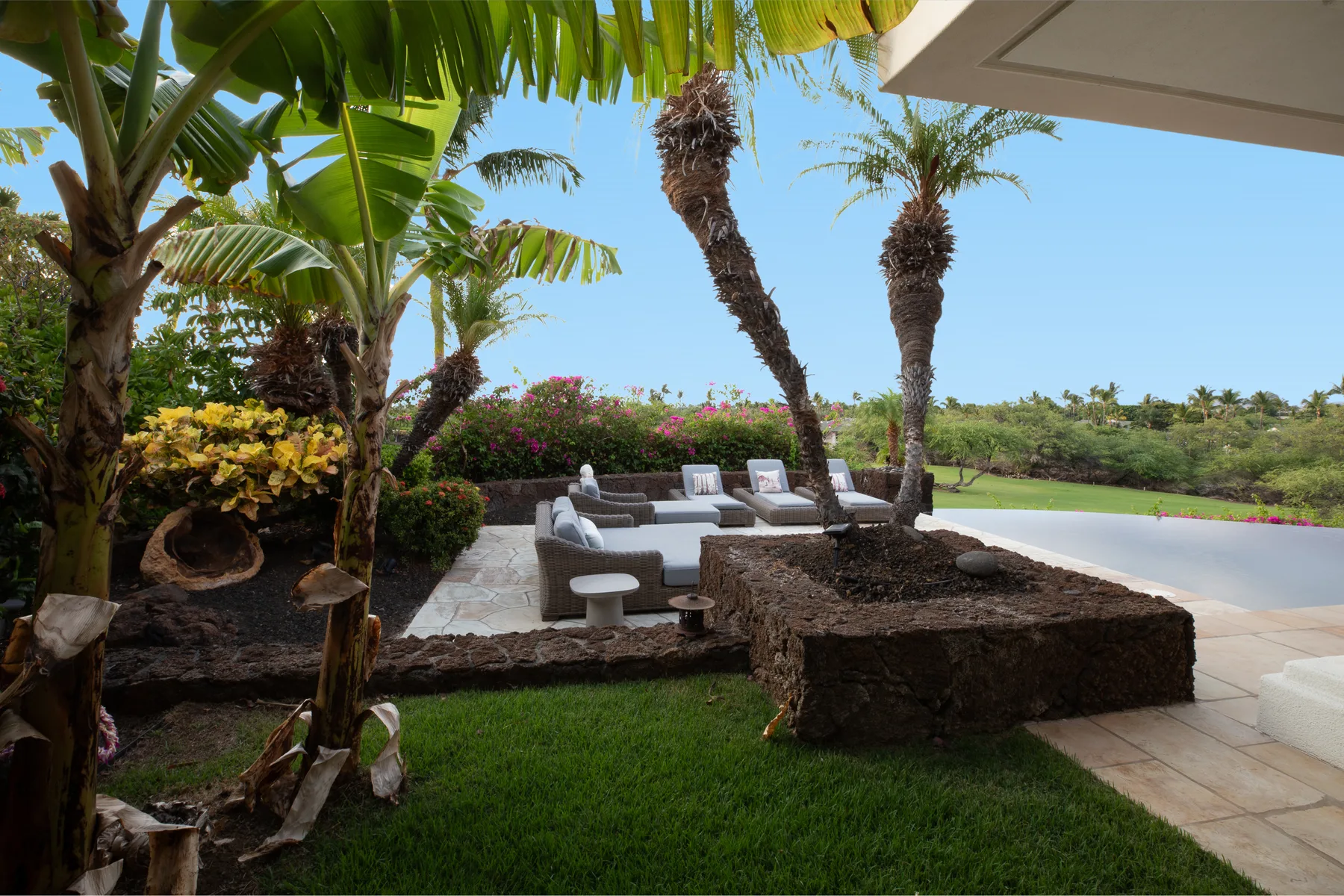 Una zona de estar al aire libre junto a plantas tropicales y una terraza pavimentada.