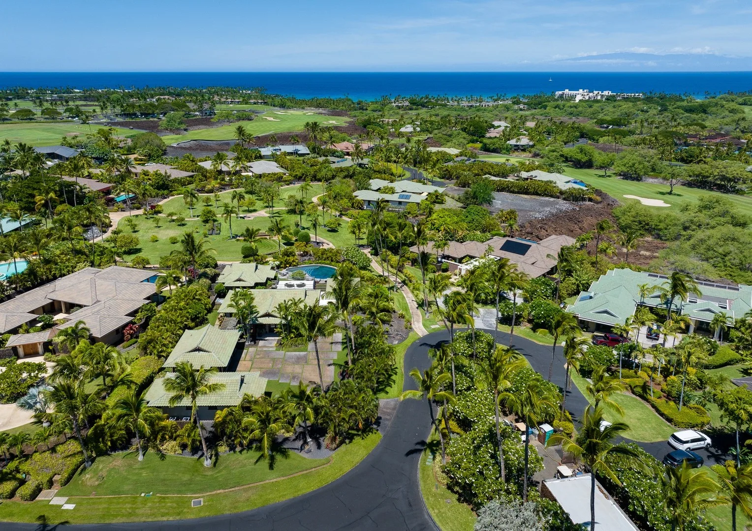 Vista aérea de un vecindario costero con casas, vegetación y el océano al fondo.