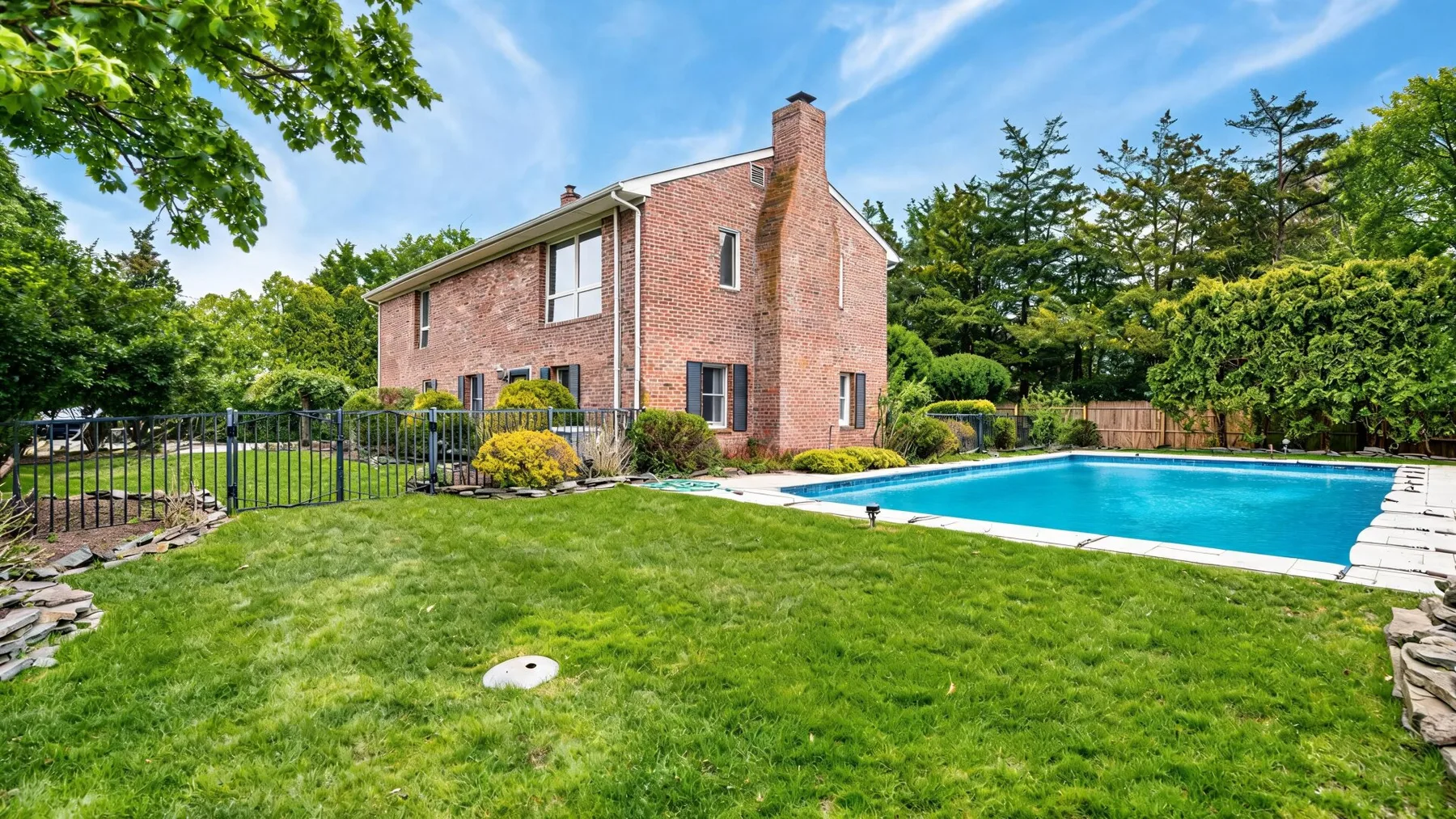 Una casa de ladrillo está junto a una piscina, con un amplio césped en primer plano.