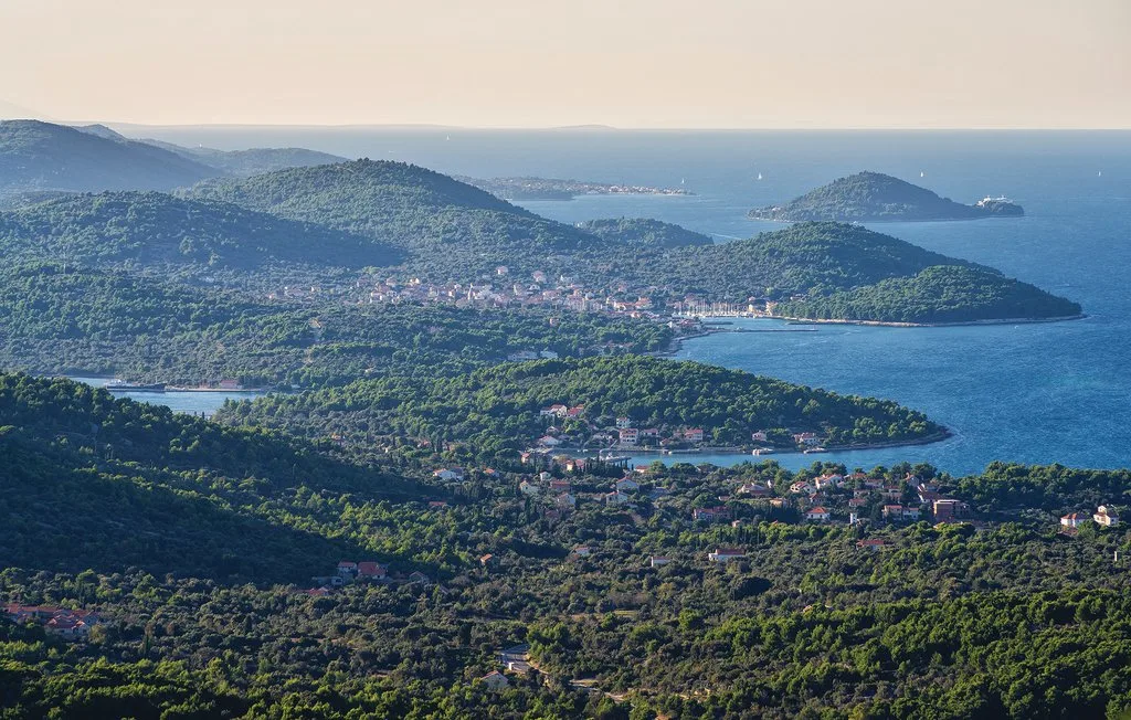 A coastal landscape with forested hills, scattered buildings, and blue water.