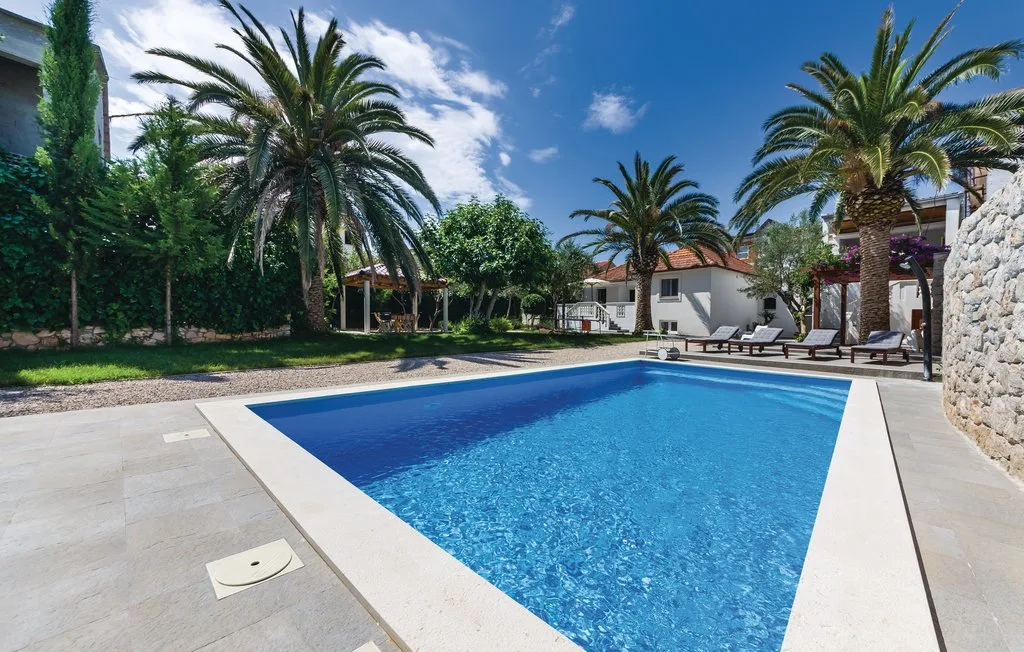 An outdoor swimming pool sits among palm trees and greenery.
