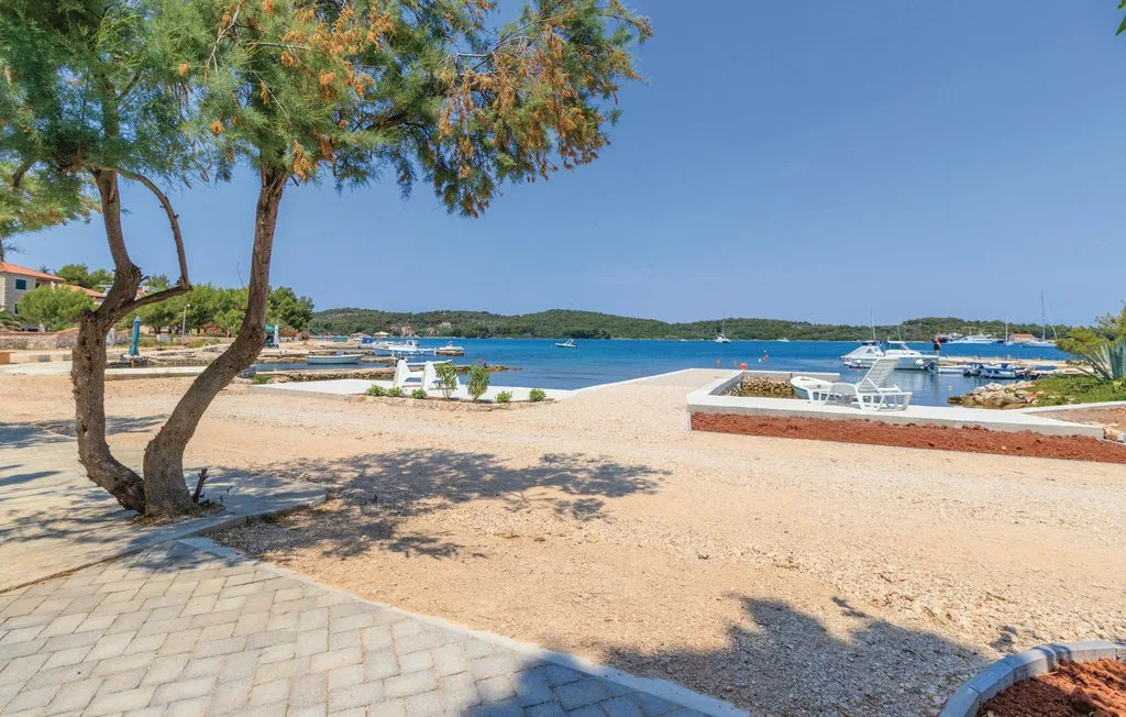 A sandy waterfront beach with trees, boats, and a clear blue sky.
