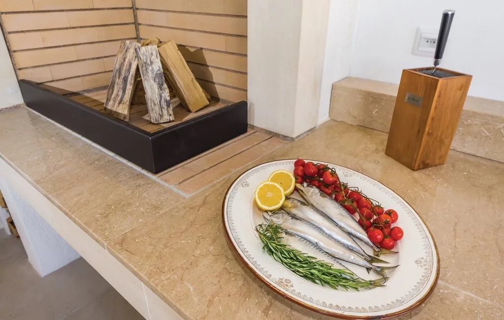 A plated fish dish with lemon, tomatoes, and herbs sits on a stone counter.