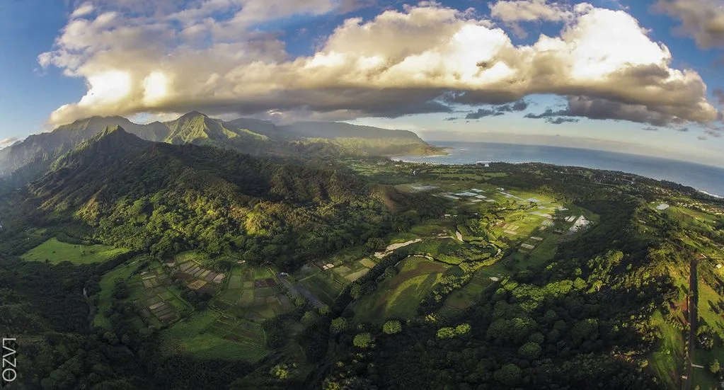 Aerial landscape with green hills, patchwork fields, and clouds over the distant coast.