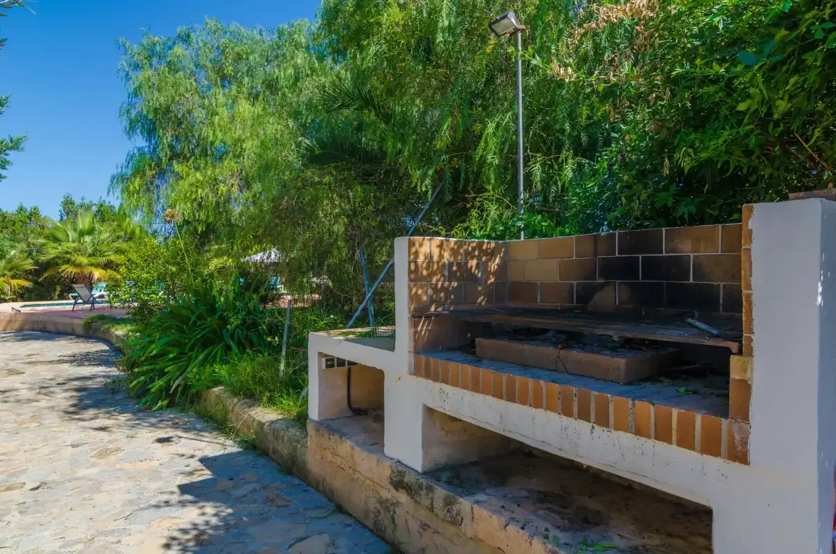 An outdoor barbecue sits beside a paved path surrounded by greenery.