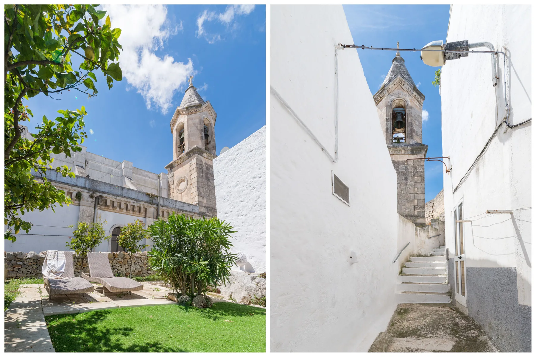 Un campanario de piedra se alza sobre un patio frondoso y una callejuela de paredes blancas.