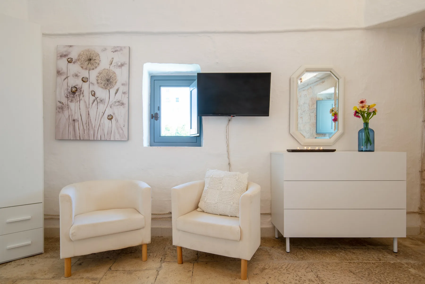 Una luminosa zona de estar con dos asientos acolchados bajo un televisor de pared.