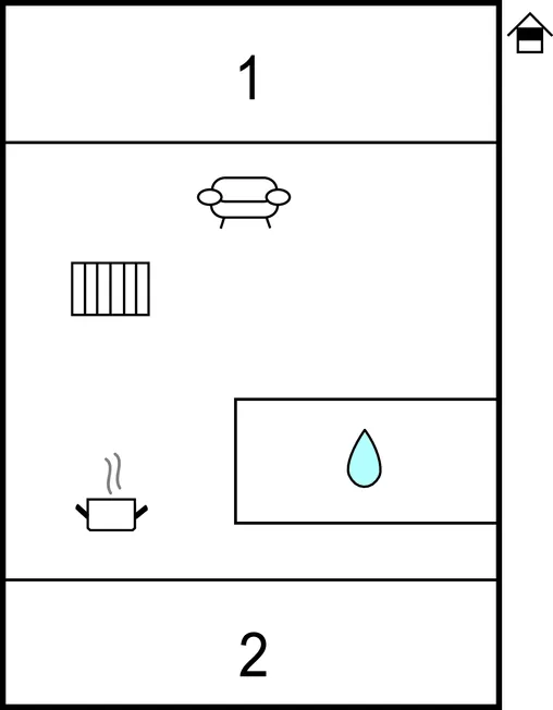 Un plano sencillo muestra una zona de estar, un símbolo de cocina y una gota de agua.