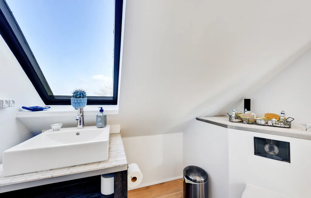 Un baño compacto con un lavabo bajo una gran claraboya y un inodoro.