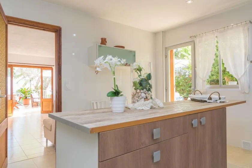 Una cocina luminosa con una isla amplia y ventanas con vista a la vegetación.