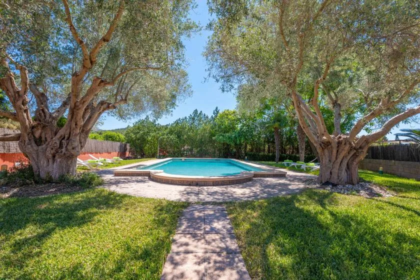A swimming pool sits beyond a stone path, framed by mature trees and lawn.