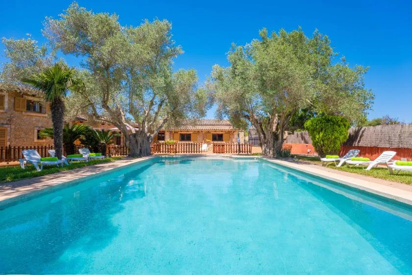 An outdoor swimming pool sits beside a landscaped courtyard with lounge seating.