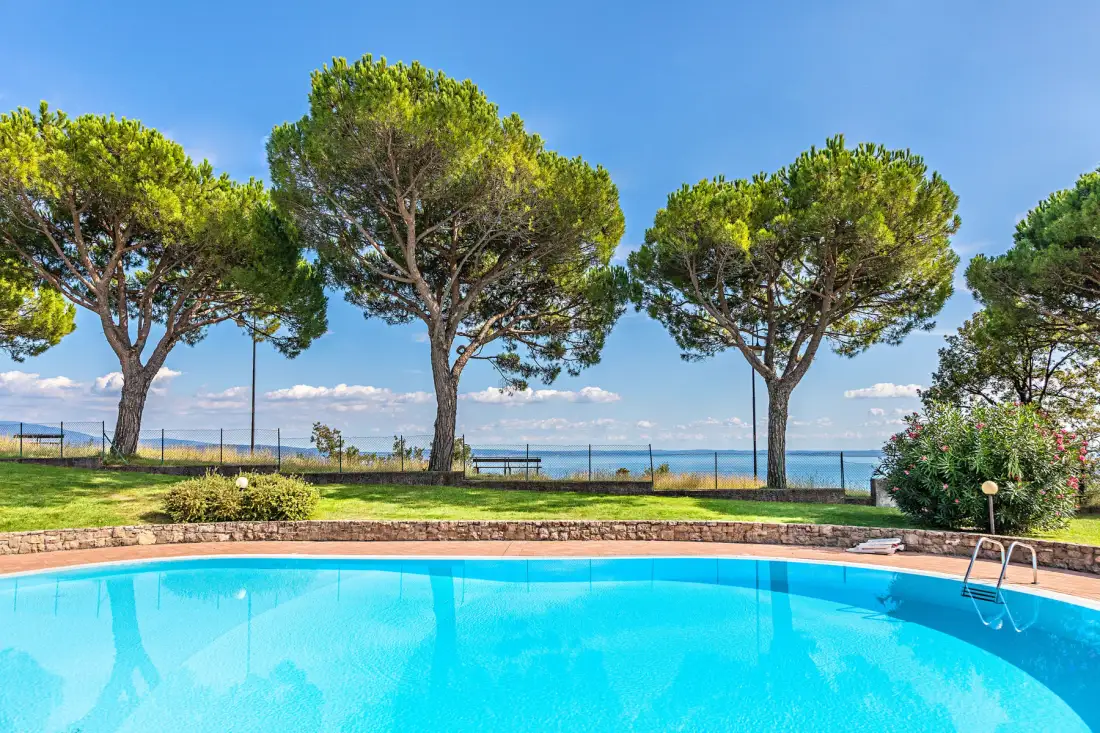 A swimming pool overlooks the sea, with trees along the far edge.