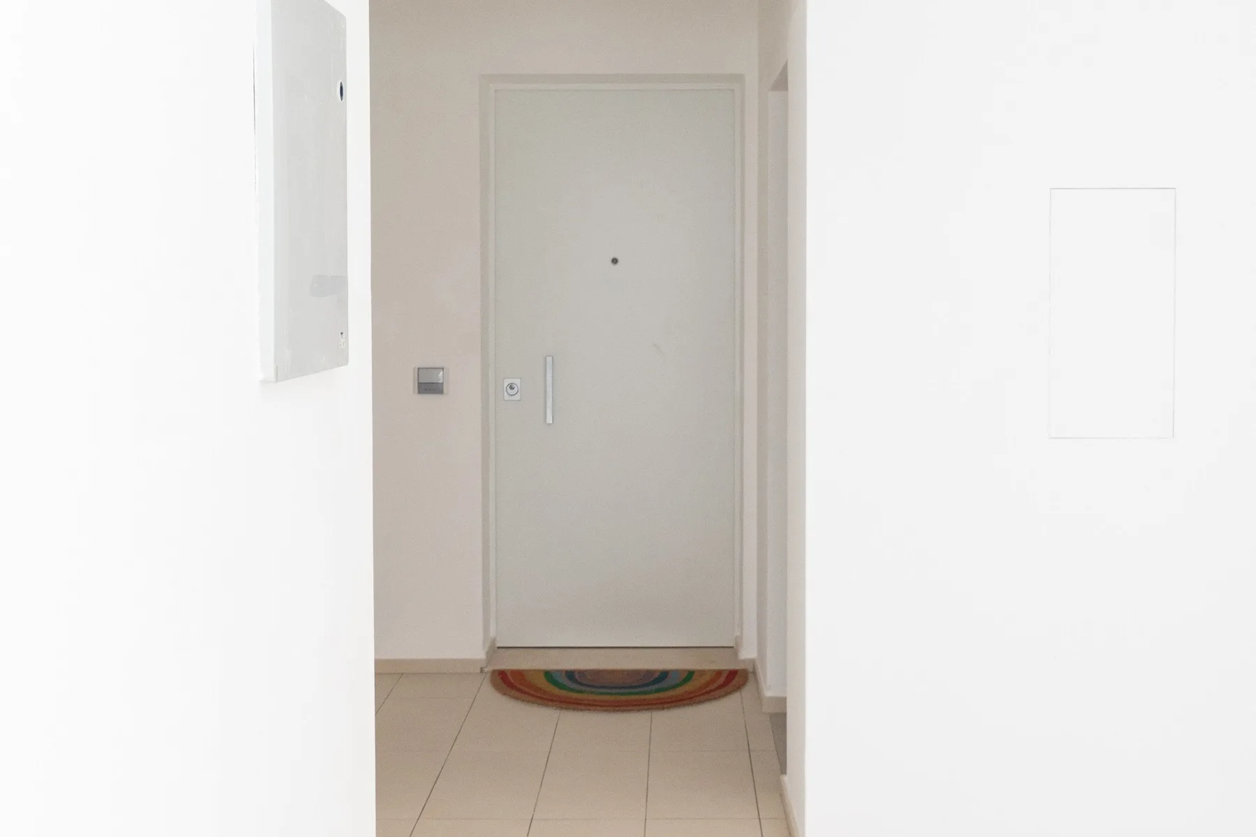 Un recibidor luminoso con una puerta cerrada y un pequeño tapete colorido.