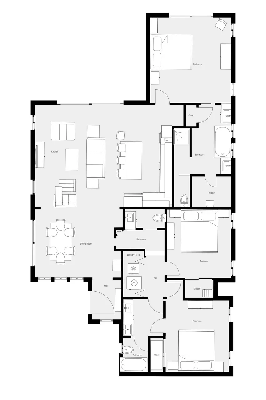 Un plano muestra la distribución amueblada de un apartamento con sala, comedor y dormitorios.