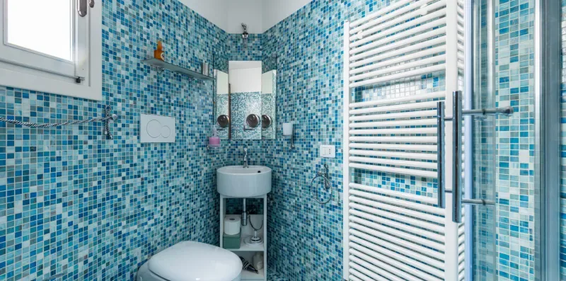 Un baño alicatado con lavabo, inodoro y ducha con mampara de vidrio.