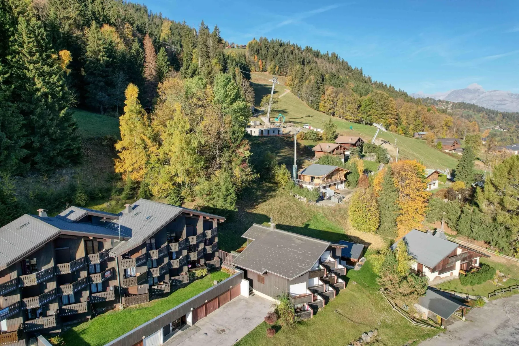 Mountain resort buildings sit on a grassy hillside below a forested slope.
