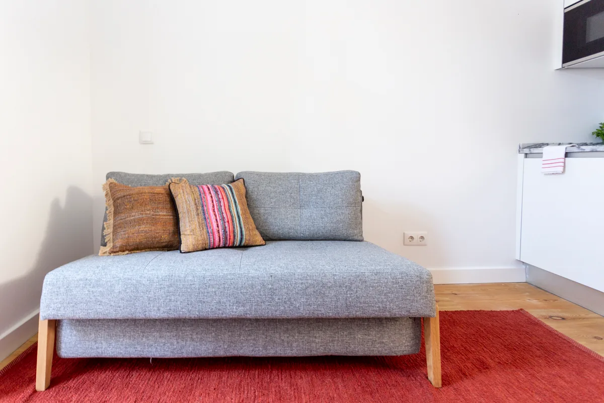 Un sofá gris con cojines de colores está sobre una alfombra roja en una habitación luminosa.