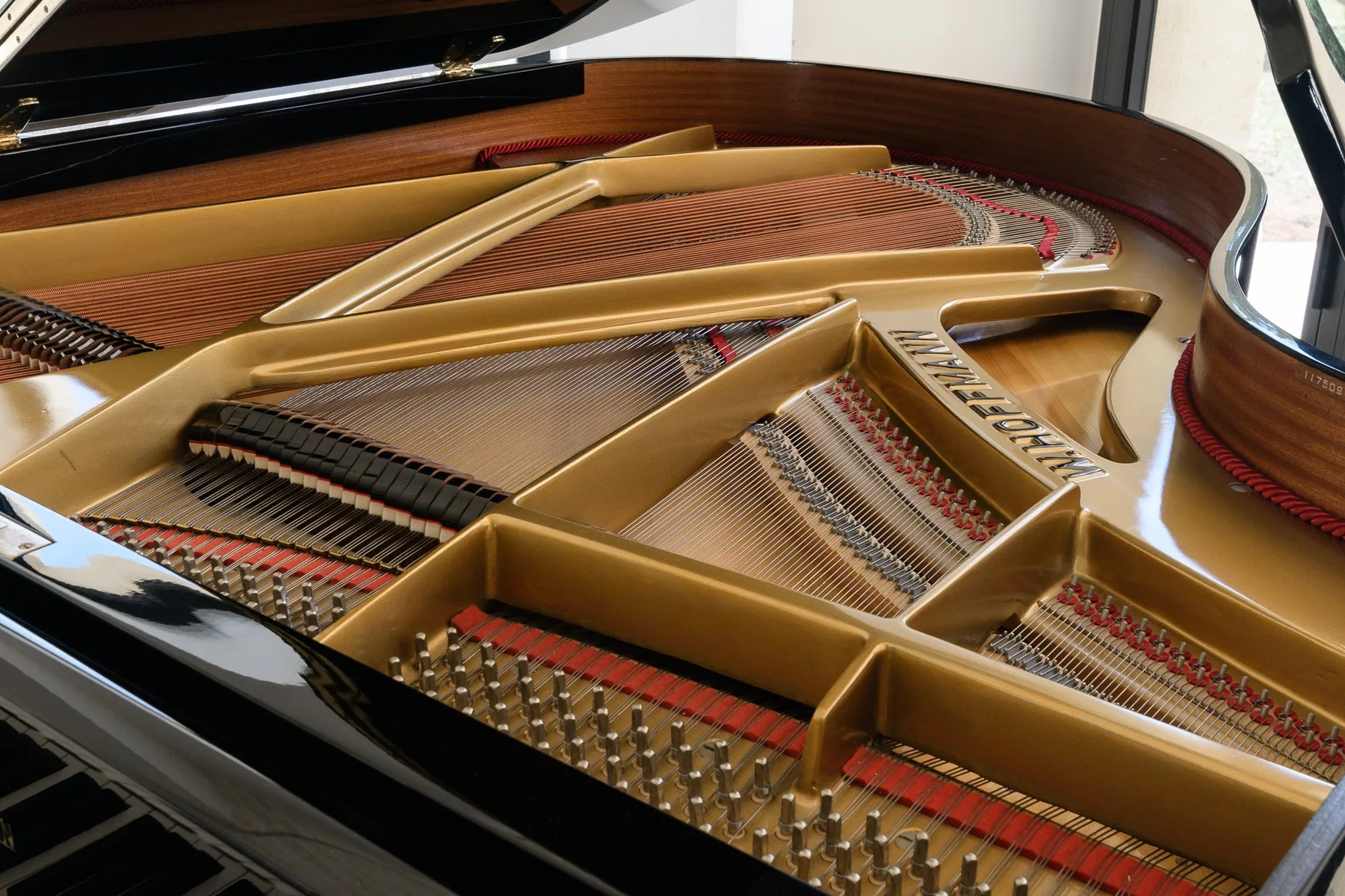 An open grand piano reveals its strings and gold-colored frame.