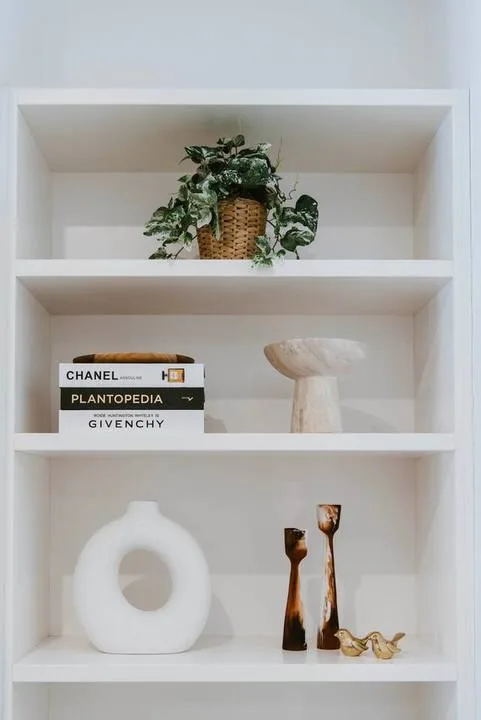 Una estantería blanca exhibe libros, jarrones decorativos y una planta en maceta.