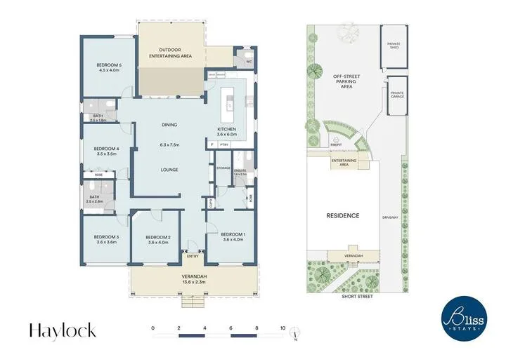 Un plano muestra la distribución de una residencia junto a un plano del terreno con una zona de entretenimiento al aire libre.