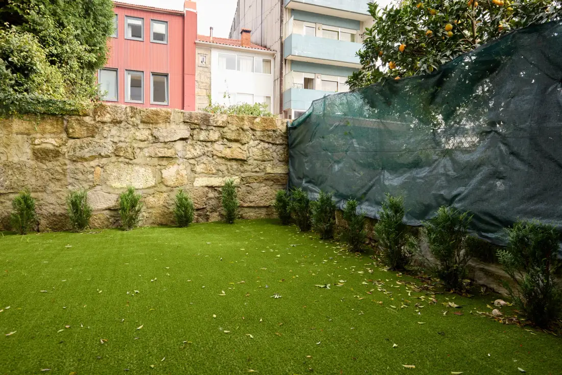 A small garden with green lawn, shrubs, and a low stone wall.