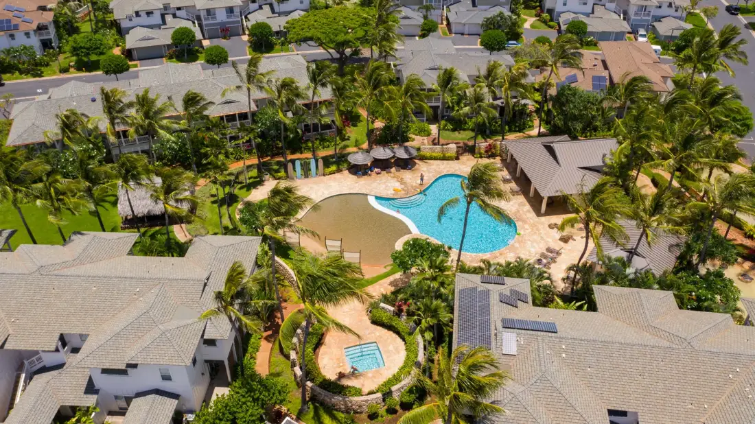 An aerial view shows a resort pool surrounded by palm trees and buildings.