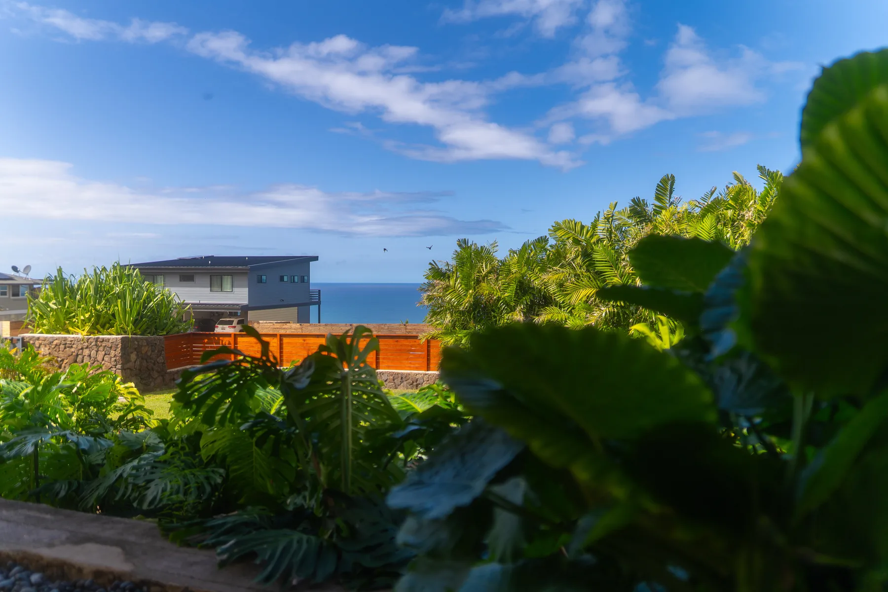 El follaje de un jardín tropical enmarca una vista costera de un edificio y el océano.