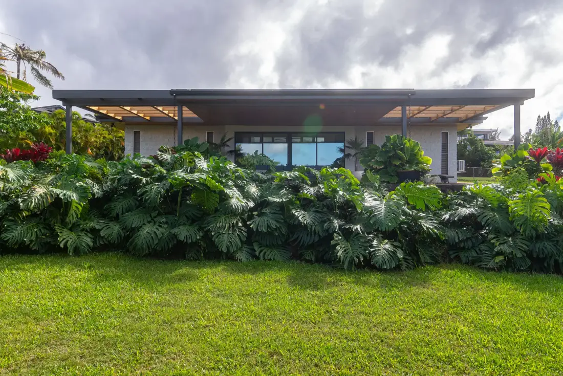 Una casa moderna se encuentra detrás de vegetación tropical y un césped.