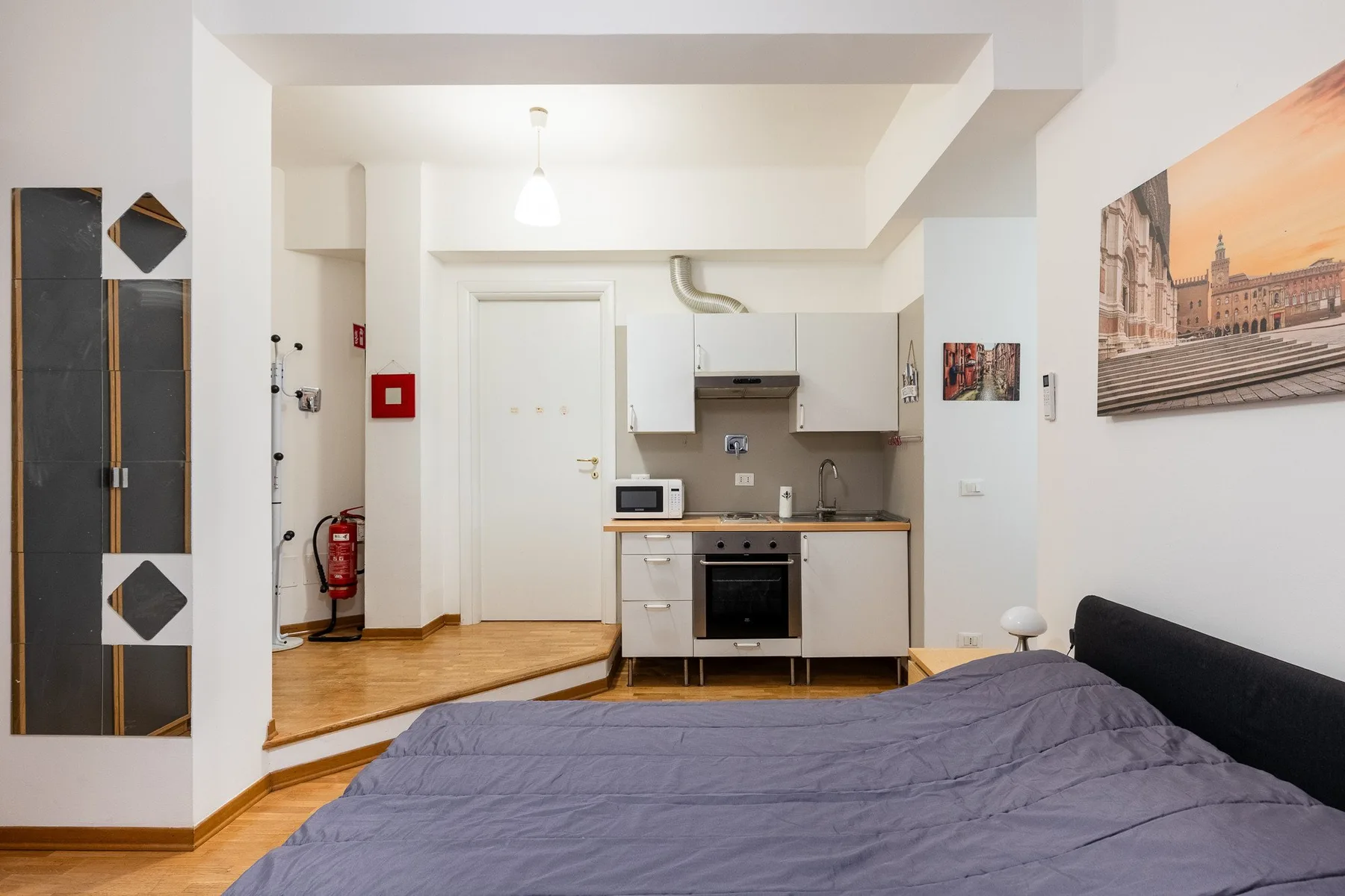 A bedroom with a bed and a compact kitchen along the back wall.
