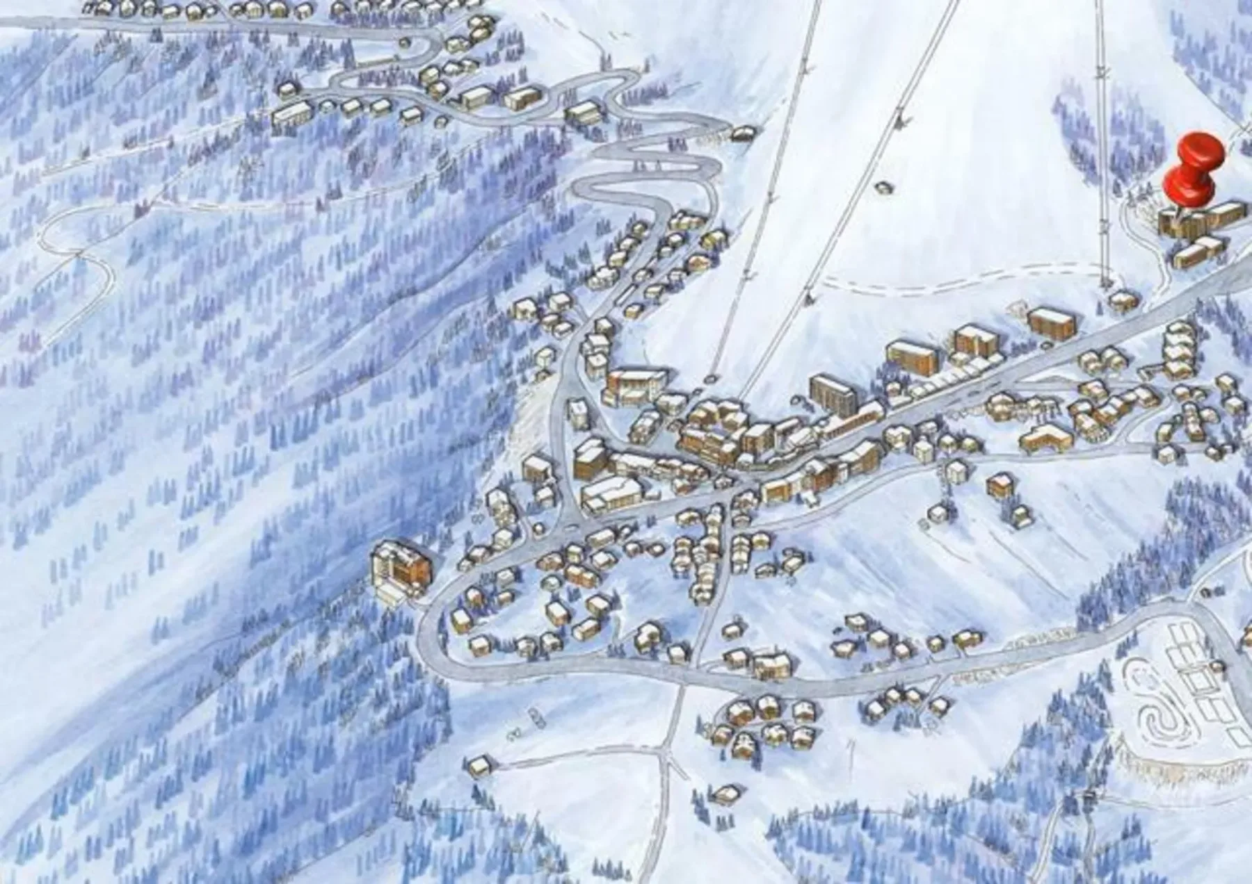 A map-style illustration shows a snowy mountain village surrounded by ski slopes and forest.